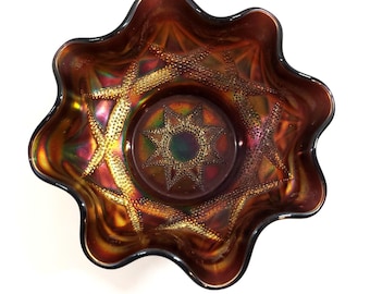 Dugan Carnival Glass Purple Amethyst Opalescent Ski Star Antique Ruffled Bowl
