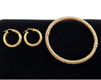 Vintage MILOR Italy 925 Sterling Gold Vermeil Hoop Earrings Bangle Bracelet Set