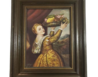 Antique After Titian Girl Lavinia w Dish of Fruit Oil on Canvas Artist Signed
