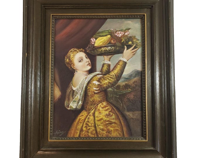 Antique After Titian Girl Lavinia w Dish of Fruit Oil on Canvas Artist Signed