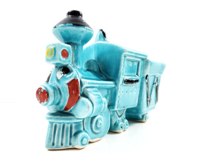 Vintage Anthropomorphic Blue Ceramic Train Face Nursery Baby Kitsch Planter