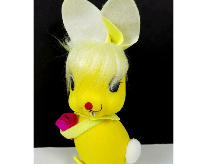 NOS Vintage Japan Felt Flocked Styrofoam Easter Spring Yellow Bunny Rabbit