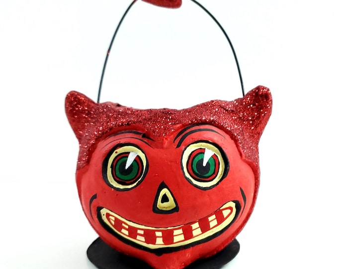 Department 56 Halloween Paper Mache Red Devil Candy Container Bucket Lantern
