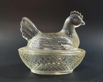 Vintage Hocking Glass Clear Hen on Nest Miniature 3.75" Salt Cellar
