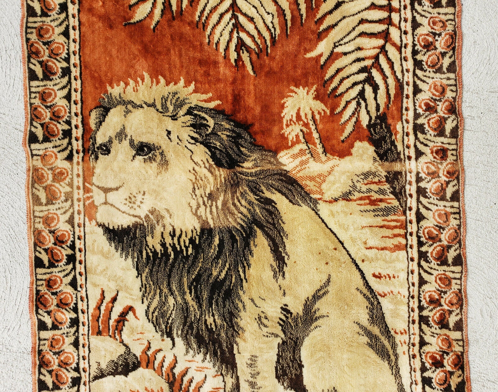 Vintage Mid Century Velvet Lion Fringed Tapestry Rug Wall Hanging 38 x 19