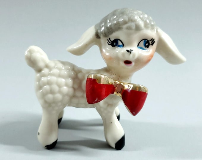 Vintage Ceramic Baby Lamb Sheep Big Eyes Red Bow Figurine Japan