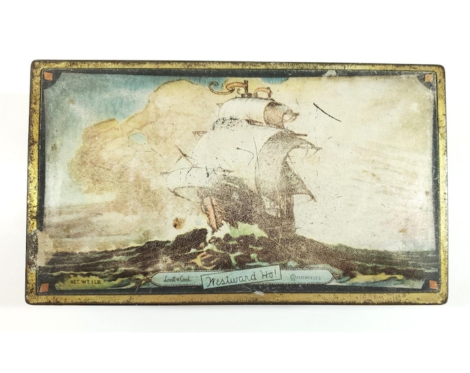 Vintage Lovell & Covell Canco Lithograph Westward Ho Masterpieces Candy Tin