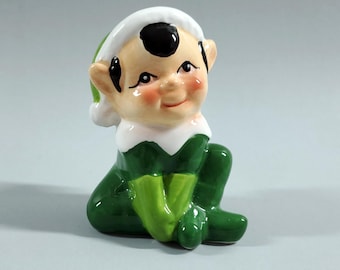 Vintage Lucky Green Pixie Sitting Elf Christmas Figurine