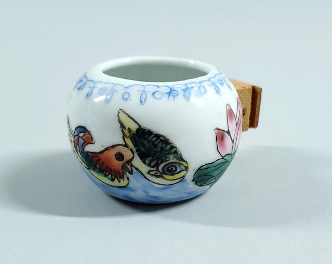 Antique Chinese Bird Cage Feeder Porcelain Bowl Koi Fish Hand Painted Wood Holder