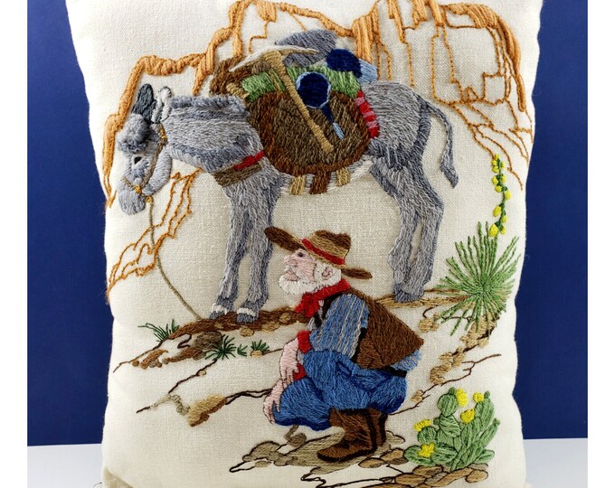 Vintage Wild West Gold Rush Prospector Mule Donkey Crewel Embroidery Pillow Home Decor