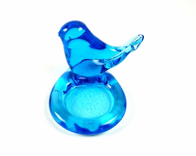 Blue Bird of Happiness Blue Art Glass Votive Candle Holder Signed Leo Ward 1987