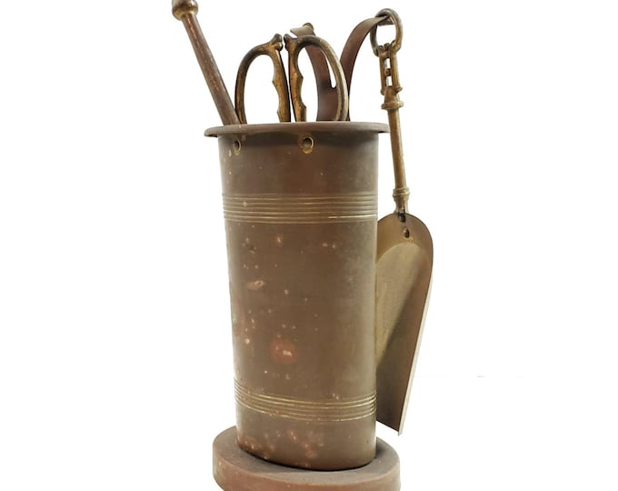 Antique British Fireplace Tender Brass Tools Copper Scuttle Bucket Mastercraft