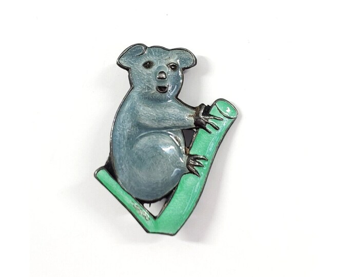 Art Deco Vintage Sterling Silver Enamel Australian Koala Bear Bamboo Branch Pin
