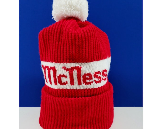 Vintage 70s McNess Feed Seed Livestock Farm Red Knit Pom Beanie Hat Advertising