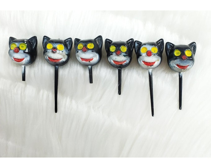 6 Vintage Halloween Spooky Black Cat Plastic Cupcake Party Picks Toppers