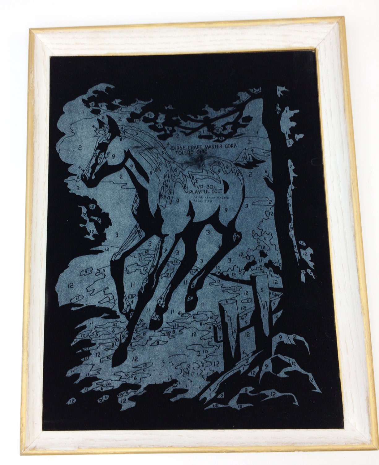 Vintage 1966 Craft Master Black Velvet Paint by Number Kit Playful Colt Horse a1