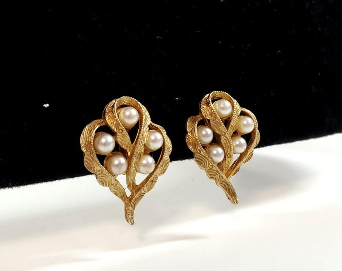 Vintage CORO Signed Faux Pearl Gold Tone Swirl Leaf Clip on Earrings