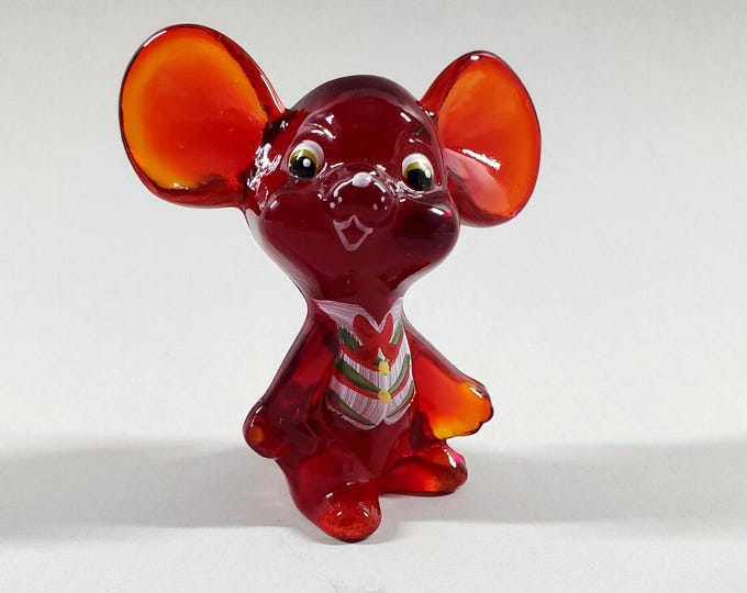 Vintage Fenton Ruby Red Art Glass Mouse Hand Painted Signed S Davis Figurine