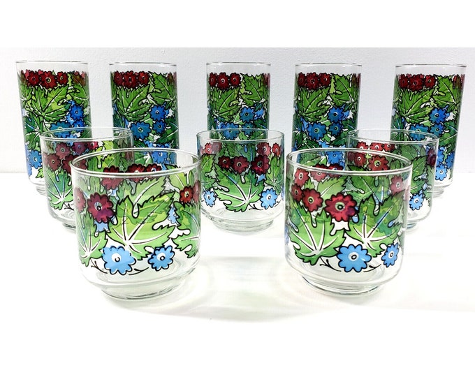10 Vintage 70s Libbey Tiffany Foliage Barware Glass Tumbler Rocks Drink Set