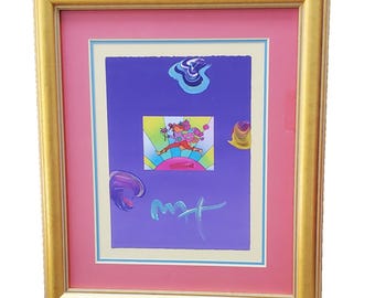 Peter Max Flower Jumper Over Sunrise Signed Mixed Media Acrylic Framed Pop Art