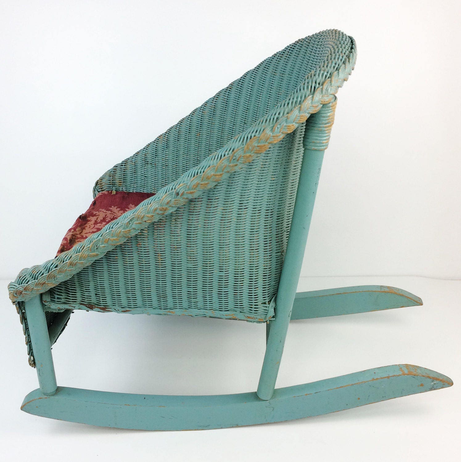 Antique Lloyd Loom of Michigan Child's Green Floral Wicker Rocking Chair a1