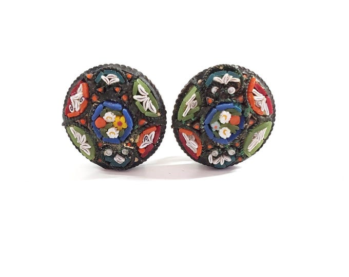 Antique Italian Micro Mosaic Tile Floral Vintage Clip On Earrings Made in Italy