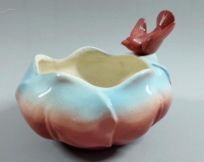 Vintage Royal Copley Lotus Flower Pink Bird Scalloped Planter Bowl Trinket Dish