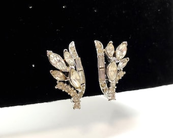 Vintage Coro Clip On Earrings Rhinestone Silver Tone Signed Art Deco Wedding