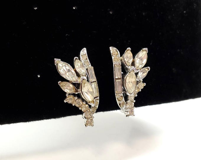Vintage Coro Clip On Earrings Rhinestone Silver Tone Signed Art Deco Wedding