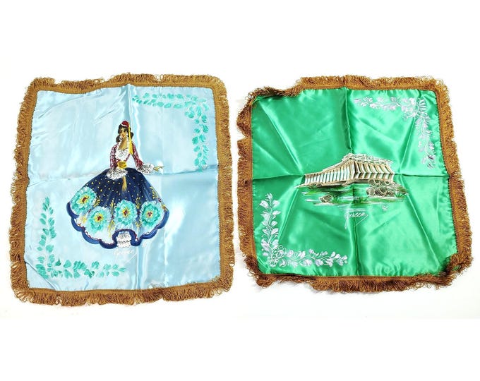 2 Vintage Satin Greece Souvenir Folk Dancer Athens Painted Fringe Pillow Case