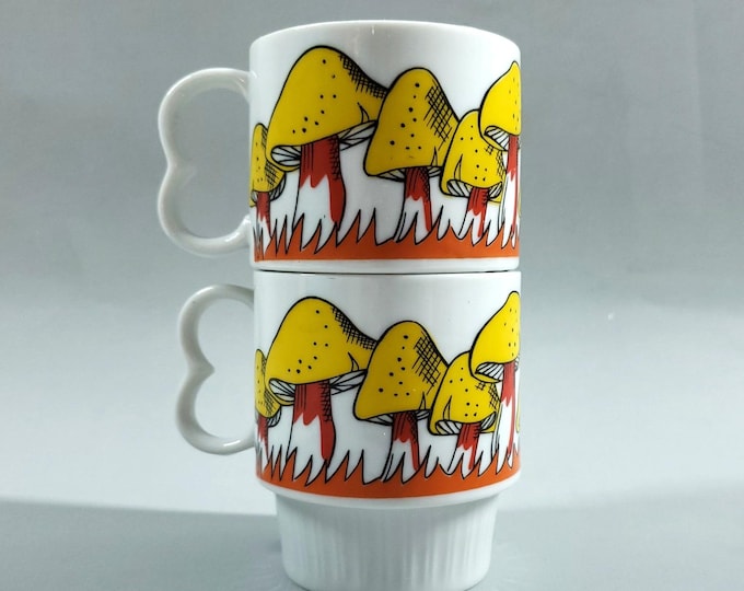 2 Vintage 1970s Japan Groovy Yellow Orange Mushroom Stackable Coffee Tea Mugs