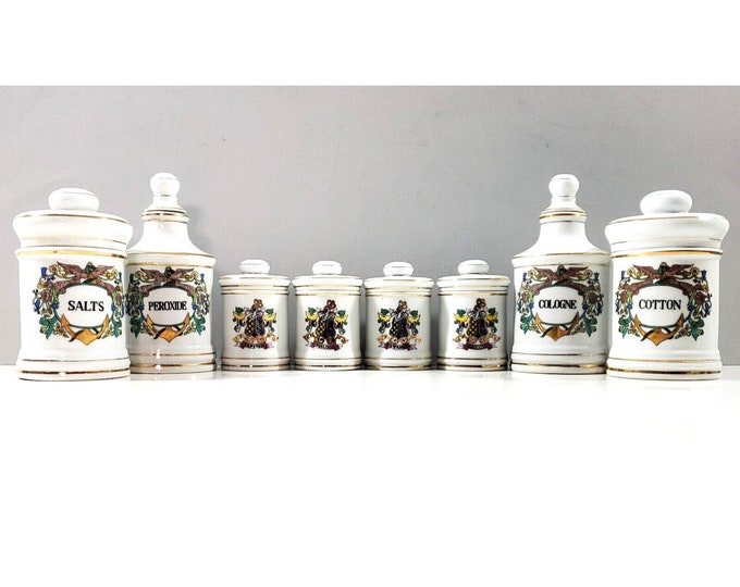 8 Vintage Porcelain Medical Apothecary Canister Jars Aspirin Cologne Peroxide