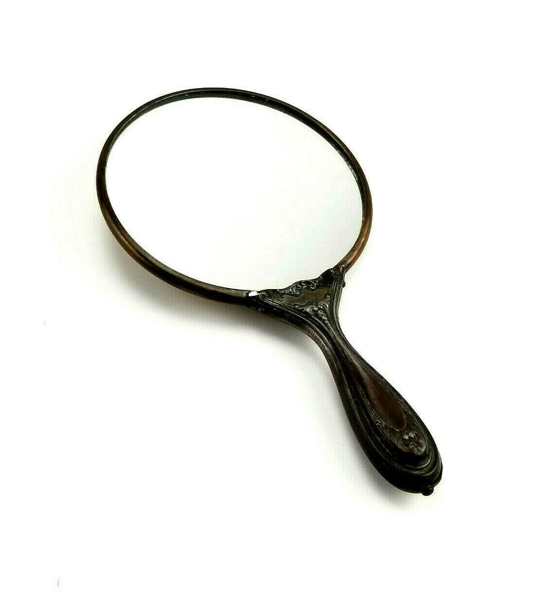 Antique Art Deco Girl w Flowers Copper Brass Hand Held Vanity Beauty