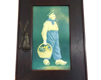 Antique Arts & Crafts Wood Windmill Frame Bernhardt Wall Dutch Boy Litho