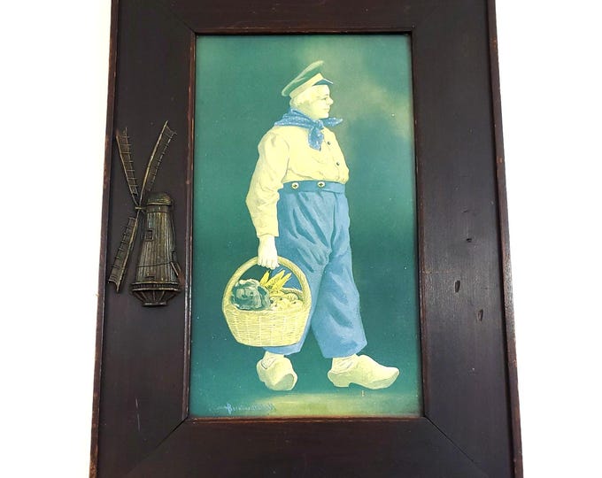 Antique Arts & Crafts Wood Windmill Frame Bernhardt Wall Dutch Boy Litho