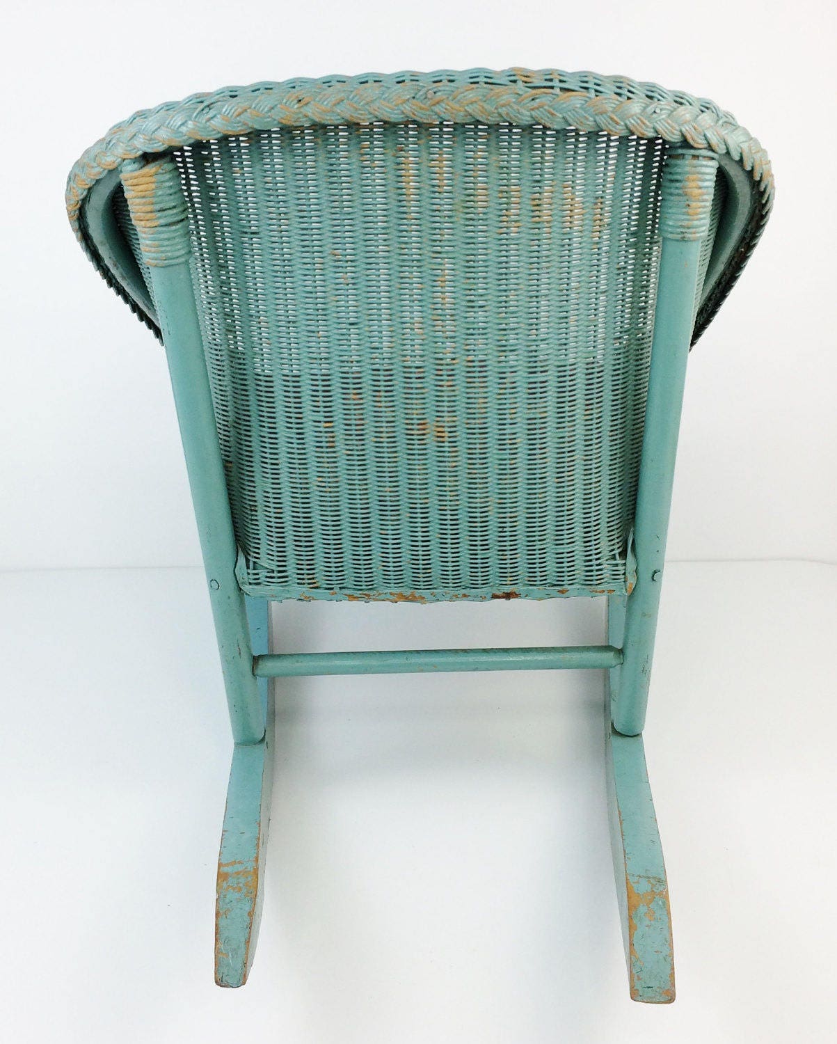 Antique Lloyd Loom of Michigan Child's Green Floral Wicker Rocking Chair a1
