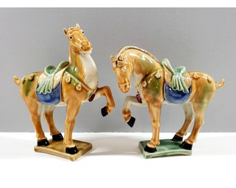 Pair Vintage Chinese Tang Dynasty Sancai Style Glazed Ceramic War Horse Figurine