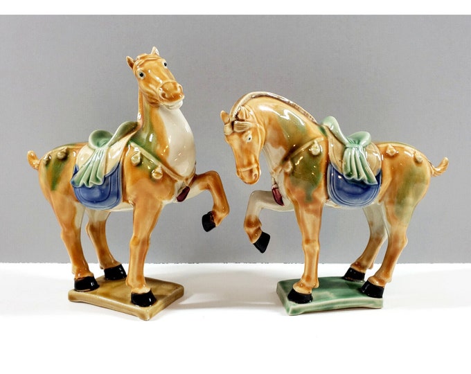 Pair Vintage Chinese Tang Dynasty Sancai Style Glazed Ceramic War Horse Figurine