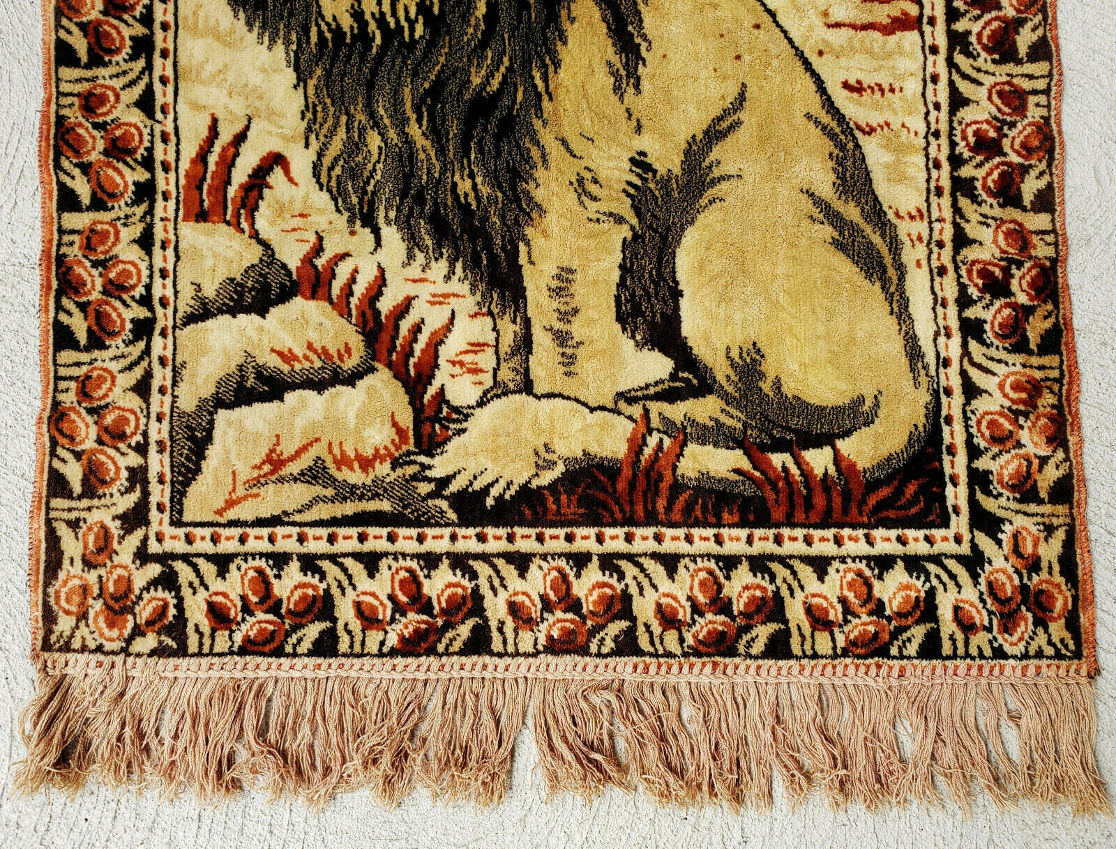 Vintage Mid Century Velvet Lion Fringed Tapestry Rug Wall Hanging 38 x 19