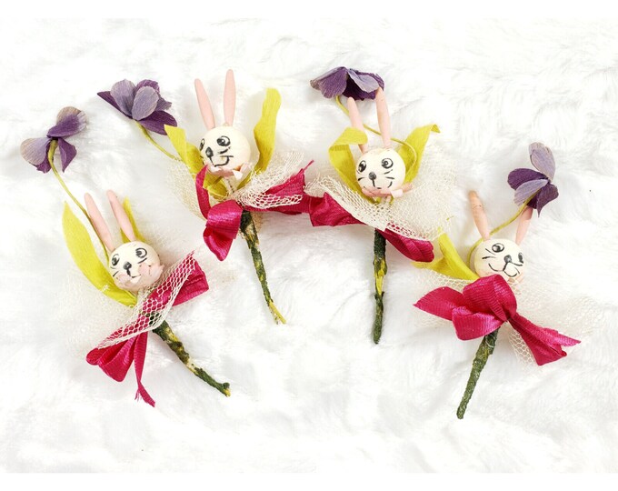 4 Vintage Easter Bunny Rabbit Spun Cotton Cake Cupcake Corsage Craft Picks Decor