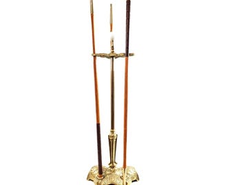 Vintage Cast Brass Parlor Putter Golf Game Stand w 3 Wood Shaft Gold Golf Clubs