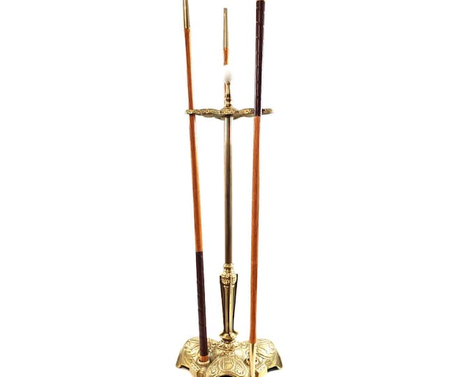Vintage Cast Brass Parlor Putter Golf Game Stand w 3 Wood Shaft Gold Golf Clubs