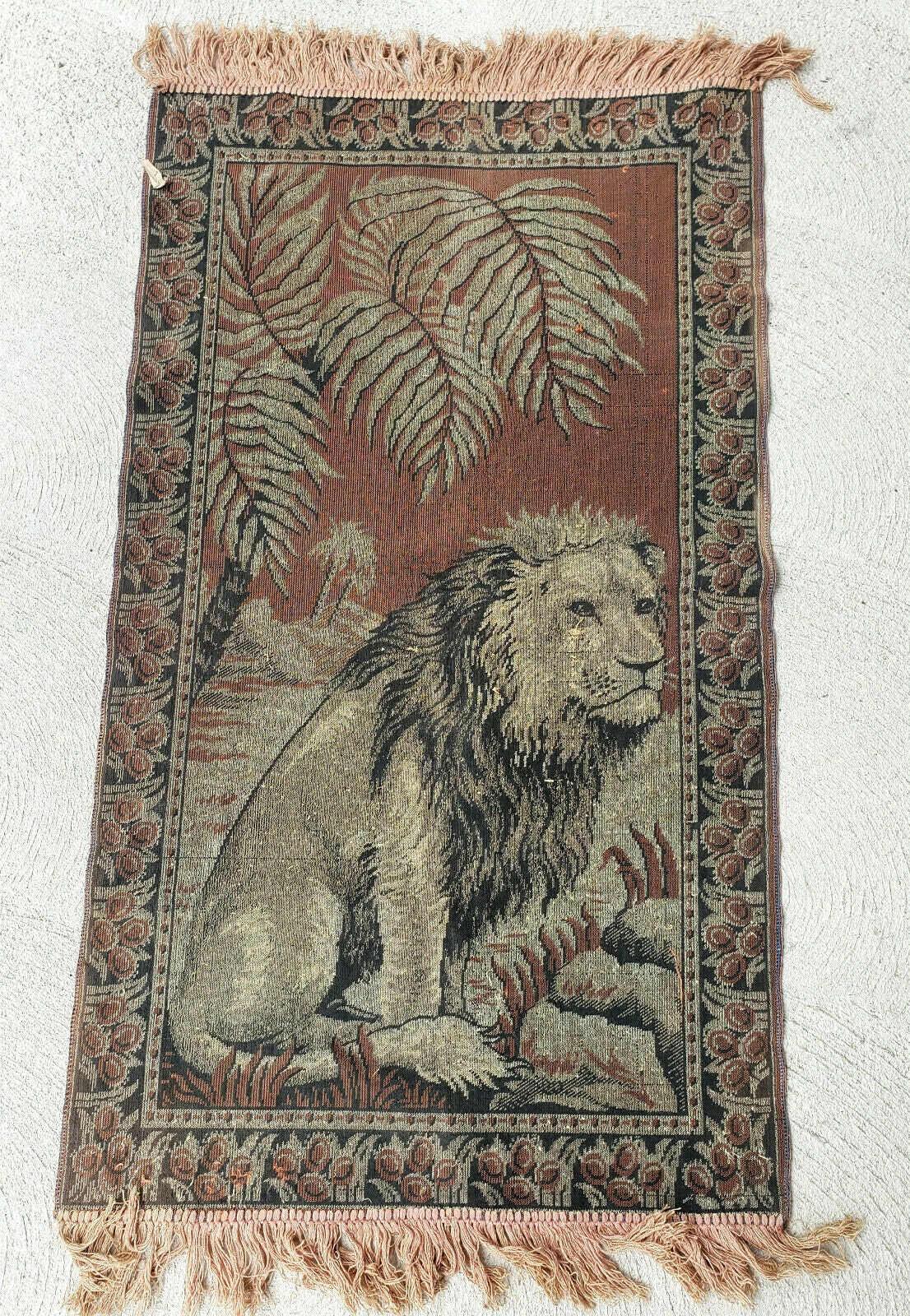 Vintage Mid Century Velvet Lion Fringed Tapestry Rug Wall Hanging 38 x 19