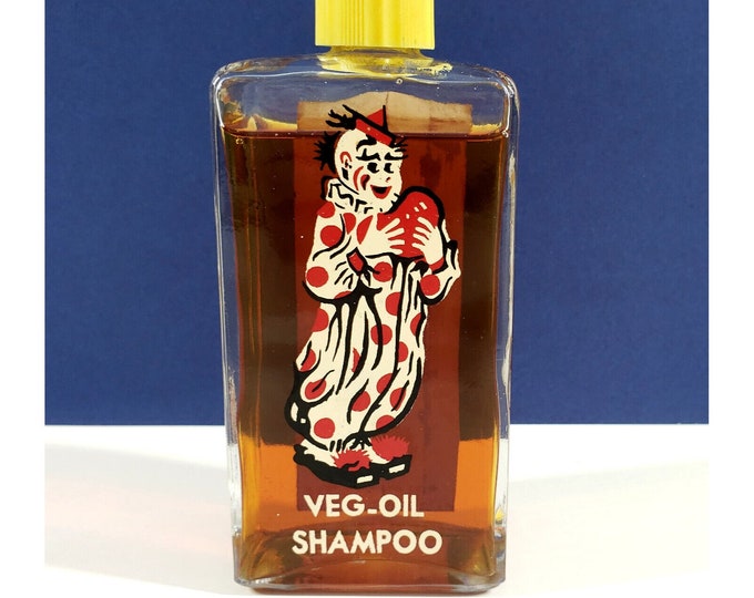 Vintage Kidmetics Veg-Oil Shampoo Clown Glass Bottle Advertising Barber Prop e