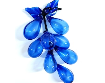 Vintage MCM Cobalt Blue Blown Art Glass Wired 8 Grape Cluster Leaves 13"
