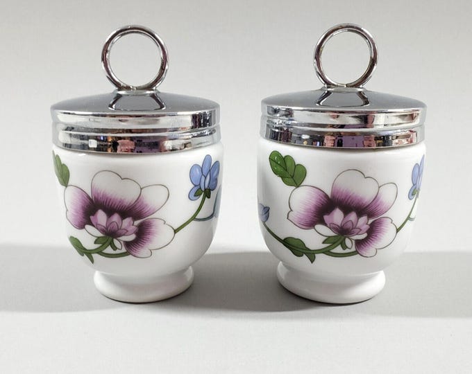 Pair Vintage Royal Worcester England Astley Porcelain Purple Floral Egg Coddlers