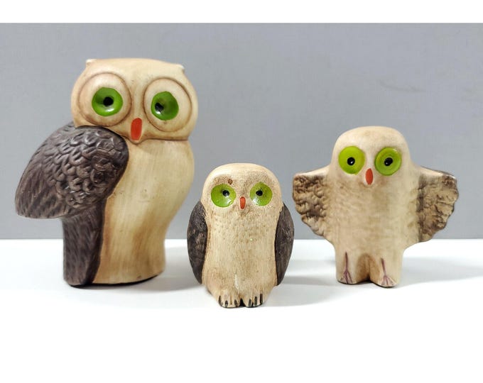 3 Mid Century Vintage Miniature Owl Family Green Eyes Figurines Made Portugal