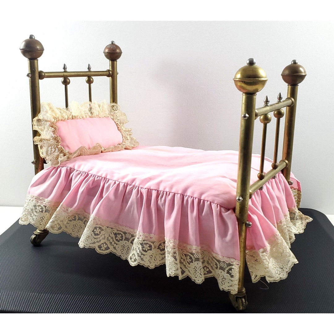 Antique Victorian Large Brass Gold Doll Bed on Casters Wheels Pink Lace Bedding Etsy