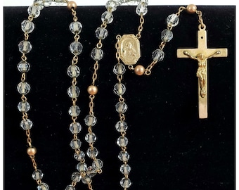 Vintage Diroma 12K Gold Filled Clear Crystal Bead Catholic Rosary 18"
