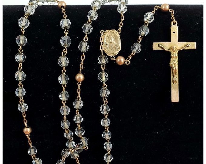 Vintage Diroma 12K Gold Filled Clear Crystal Bead Catholic Rosary 18"